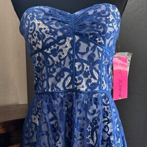New Betsey Johnson Royal Blue White Lace Mesh Strapless Skater Dress Size 6
